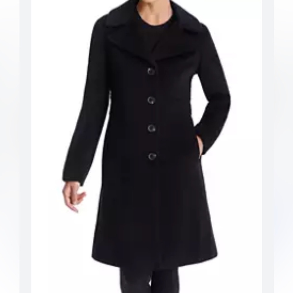 Anne Klein black wool mid coat  notch collar‎ single front Sz M